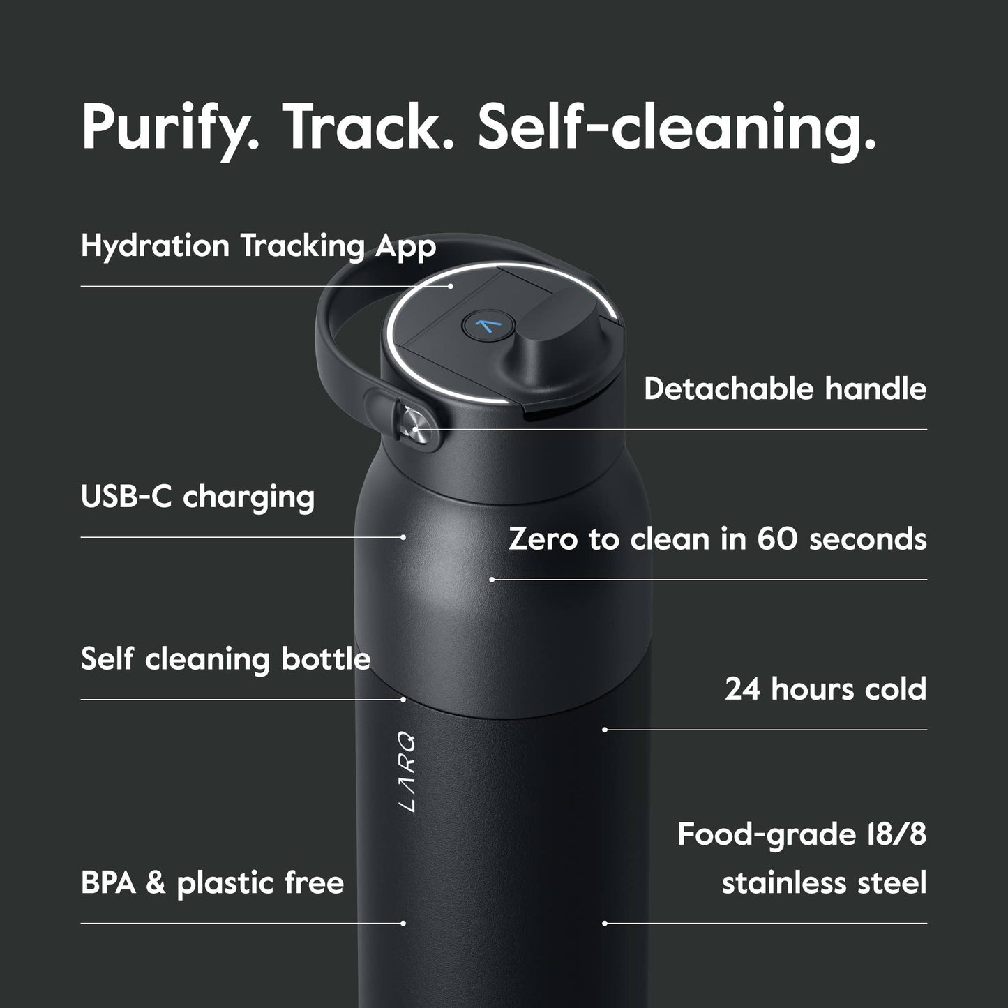 LARQ PureVis2 23oz - Bouteille d'eau intelligente - Noir Obsidienne: Sports, gym, voyages / Acier inoxydable / Enduit de poudre
